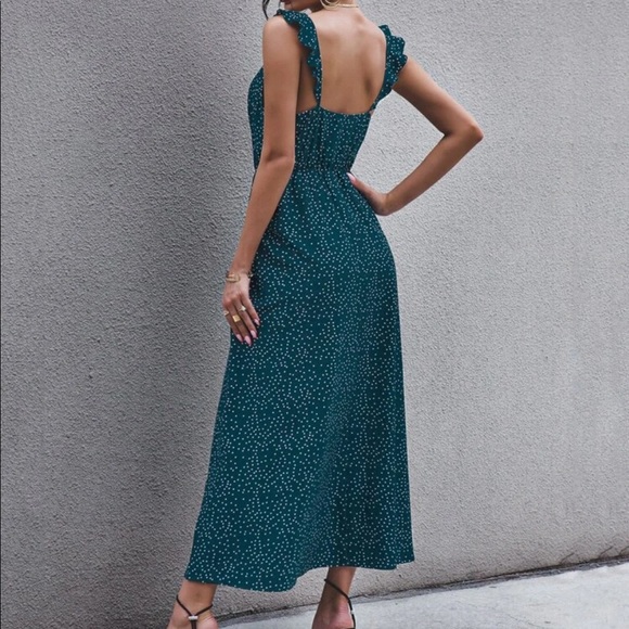 Boho dot slit thigh maxi dress teal blue - Picture 2 of 6